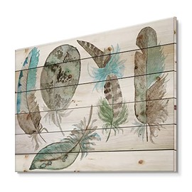 DesignQ Green Feathers Set Bohemian & Eclectic Wood Wall Decor, Green Wood Wall Art, Large Animals Wood Wall Panels Printed On Natural Pine Wood Art