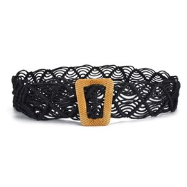 GIMIRO Woven Belt for Women Bohemian Waist Band [5 x 100 cm] Wax Cord Hollow Waist Belt with Ladder Buckle Ethnic Style Fashion Accessories Dress Decoration, black