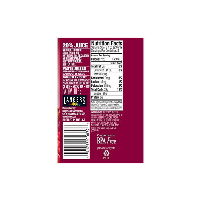Langers Juice Cocktail, Cranberry Pomegranate Blueberry, 64 Fl Oz (Pack