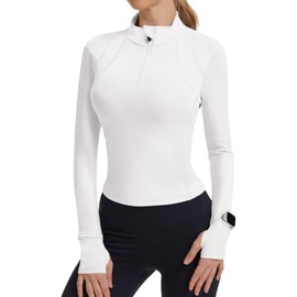 IECCP Womens Cropped Workout Jacket 1/4 Quarter Zip Pullover 2025 Fall Outfits Golf Polo Collared Shirts Athletic Running Tops (White,L)