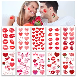 Valentines Day Temporary Tattoo Lip Kiss Tattoo Stickers Adults Red Heart Fake Tattoo Sticker Line Hearts Rose Angel Arrow Semi Permanent Tattoos for Women Lover Party Valentines Decoration 10 Sheets
