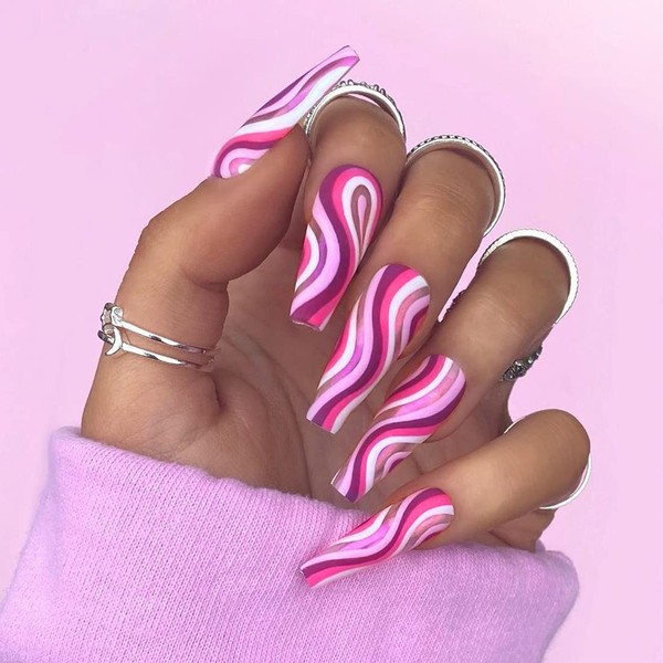 Pack of 24 Extra Long Press on Nails Pink Ballerina False Nails Full Cover Artificial Candy Stripes Nails Art for Women Girls Party Salon