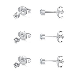 SNORSO 3 Pairs 2mm Silver Stud Earrings Set for Women Men Girls, Hypoallergenic Silver Tiny Small Round Cubic Zirconia Stud Earrings for Kids, Cartilage Sleeper Studs Earrings for Multiple Piercings
