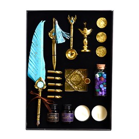 Quill Pen Ink Set, Feather Pen Ink Bottles, Calligraphy Dip Pen Nibs, Wax Stamp, Sealing Wax Spoon, Writing Paper, Pen Holder Stand, Gift Box for Graduation Ceremony and Christmas