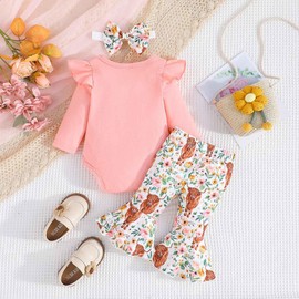 Zupora 3Pcs Baby Girl Clothes Newborn Clothing Set 0-18 Months Ruffled Romper Infant Print Flared Pant+Headband Outfits