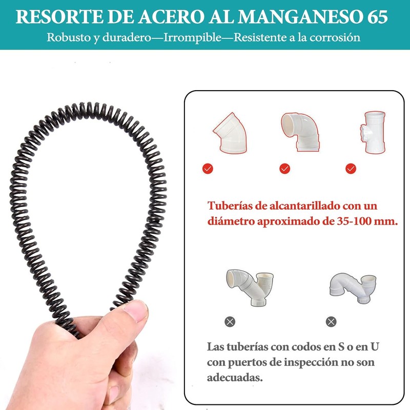 Destapador de Drenaje con Resorte y Adaptador de Taladro, 3