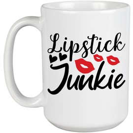 Lipstick Junkie with Red Lips and Hearts Design - Beauty Themed Merch for Makeup Artist or Cosmetologist, Gift for Makeup Lovers & Beauticians, White Mug 15oz
