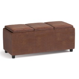 SIMPLIHOME Avalon 42 Inch Wide Contemporary Rectangle Storage Ottoman in Distressed Saddle Brown Vegan Faux Leather, For the Living Room, Entryway and Family Room