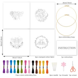 INFUNLY 4 Sets Bees and Flower Embroidery Kits for Beginner DIY Cross Stitch Starter Sets with Instruction Sunflower Honeybees Handmade Needlepoint Kits with Embroidery Cloth Colored Thread Hoop Tools