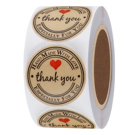 HYBSK Kraft Thank You Hand Made with Love with Red Heart Stickers 1.5" Inch Round Total 500 Adhesive Labels Per Roll (Kraft)