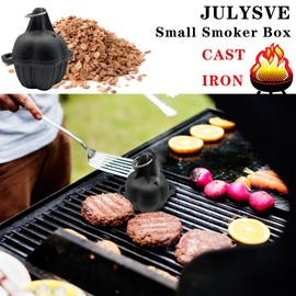 JULYSVE Small Cast Iron Smoker Box & Garlic Roaster Garlic Presses, Pre-Seasoned Wood Chip Smoker Box for Gas/Pellet/Charcoal Grills, Cast-Iron Garlic Baker, Veggie Roaster for BBQ Meats Vegetables