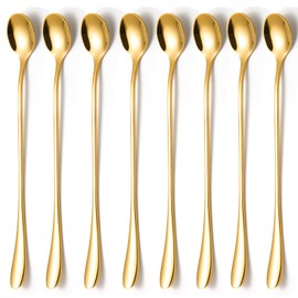 KITWARE Gold Ice Teaspoons Set of 8 Pieces, 7.7 inch Long Handle Spoon, Stainless Steel Coffee Spoons, Cocktail Mixing Spoons, Mirror Polished Bar Spoon