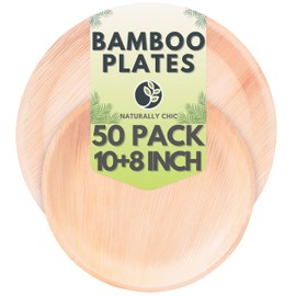 Naturally Chic Palm Leaf Plates 10 Inch & 8 Inch Round Bamboo Plates [50-Pack] - Biodegradable and Compostable for Appetizer and Dinner - Disposable Wood Dinnerware Set - Party Pack