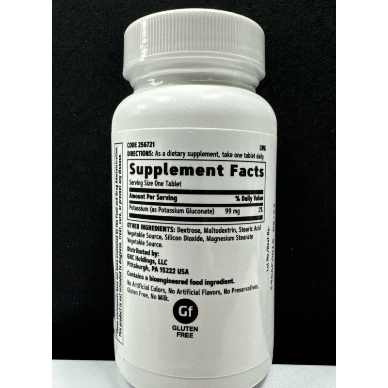 GNC: Potassium Gluconate 99 MG 100 Vegetarian Tablets/100 Day Supply