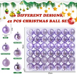 Pack of 42 Small Christmas Baubles Purple 6 Different Design Plastic Christmas Tree Baubles 3 cm Mini Christmas Baubles Plastic Christmas Tree Baubles Christmas Tree Decoration Baubles