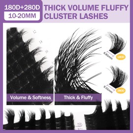 Fluffy Lash Cluster Kit 180D + 280D Mega Volume, 10–20mm Mixed Lengths, Thick Eyelash Extension Kit for Dramatic Glam Look, Soft Matte Black Lashes with Bond & Seal, Tweezers & Remover
