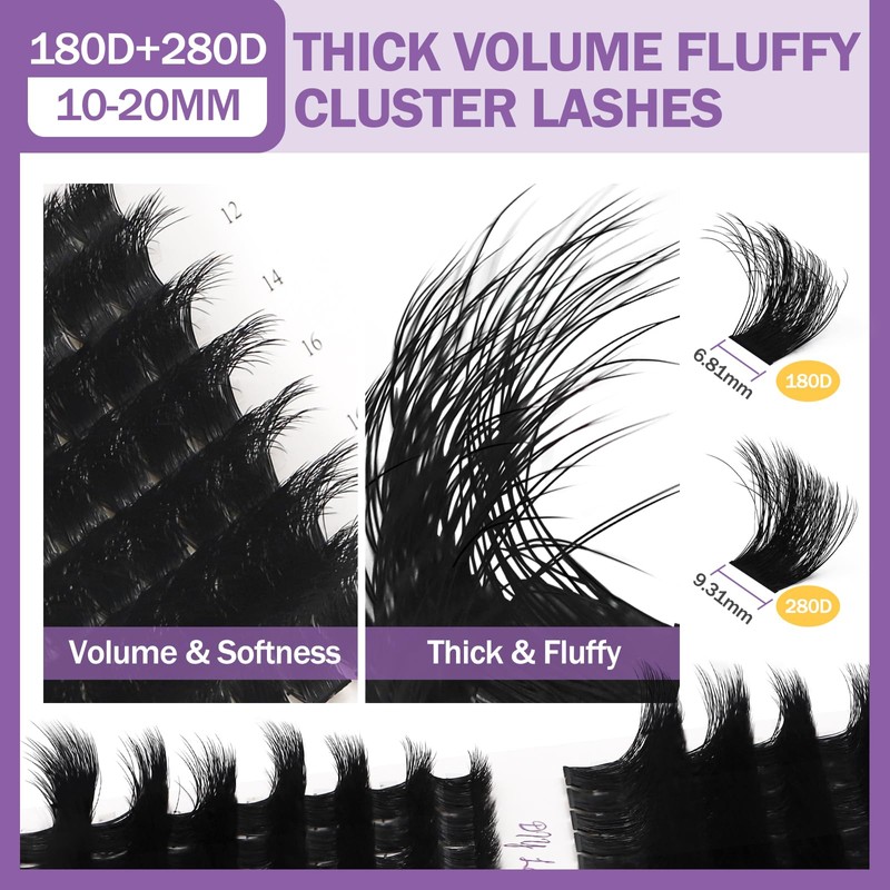 Fluffy Lash Cluster Kit 180D + 280D Mega Volume, 10–20mm