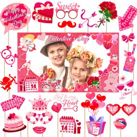 Valentine's Day Photo Booth Props - 1 Pcs Large Size Valentines Photo Props Frame and 23 Pcs Happy Lovers Selfie Photo Booth Props for Valentines Day Party Decorations Favors Supplies