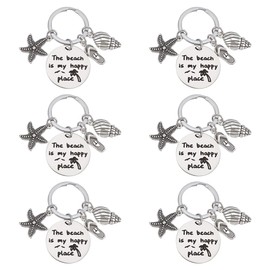 PH PandaHall 6PCS Beach Lover Gift Keychain, The Beach is My Happy Place Keychain Starfish Conch Flat Round Beach Themed Gifts Key Chain Summer Graduation Gift for Ocean Beach Lover, Antique Silver