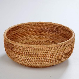 amololo Hadewoven Round Rattan Fruit Basket Wicker Food Tray Weaving Storage Holder Dinning Room Bowl, 10 Inch Woven Bread Basket Key Bowls with 4”Wall for Table, Countertop (Large 9.8")