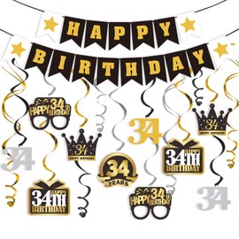 LINGTEER Happy 34th Birthday Swirls Streamers Set - Happy Birthday Banner,Cheers to 34th Birthday 34 Years Old Bday Party Hanging Backdrop Decorations.