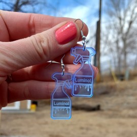 Fluorescent Neon Blue CSI Luminol Spray Bottle Shaped Forensics Dangle Earrings, Criminologist Murder Mystery Detective Party Jewelry