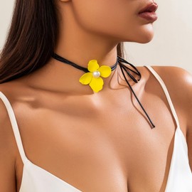 Stocking Stuffers Gifts for Women Flower Choker Necklaces for Women Flower Pearl Pendant Necklaces Black Long Leather Rope Wrap Collar Tie Floral Women Neck Accessories Bridal Wedding Party Jewelry for Women Girls