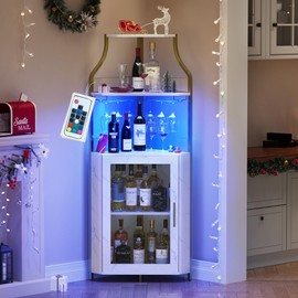 Garvee Corner Bar Cabinet for Liquor Cabinet with Adjustable Shelves, 61" Industrial Tall Bar Cabinet Freestanding Corner Wine Cabinet Rack with Mesh Door and Glass Holder for Kitchen, White