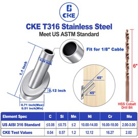 [Patent Design] CKE 40 Pack 45 Degree T316 Marine Grade Stainless Steel Angle Beveled Protector Sleeves Wood Post Protector for 1/8" Wire Rope Cable Railing, Come with a Free Drill Bit