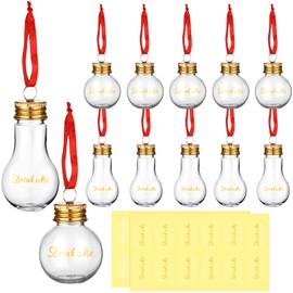 Jinei 12 Pieces Christmas Booze Balls Christmas Fillable Booze Light Bulb Containers Clear Plastic Christmas Ornaments Balls with Drink Me Stickers for Home Christmas Tree Party Decoration, 50 ML