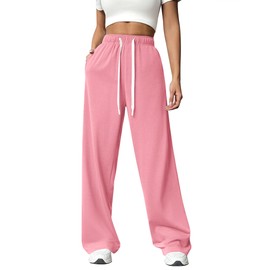 PINSPARK Wide Leg Sweatpants High Waisted Sweat Pants for Woman Lounge Workout Sweatpant Drawstring Stretch Pants with Sides Pockets Pink PM