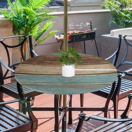 Outdoor Tablecloth Plank Wooden Vintage Round Fitted Table Cover with Zipper and Umbrella Hole, Waterproof Elastic Edged Table Cover for Party, Picnic and Patio, Fits Tables up to 45"-56" Diameter