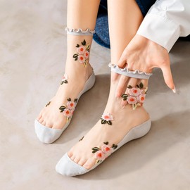 5 Pairs Womens Flower Sheer Socks Transparent Nylon Pop Socks Mesh Ankle Socks Vintage Ultra-thin Lace Socks Casual See Through Crew Socks