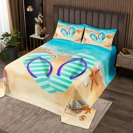 3 Piece Stripes Flip Flop Quilt Bedding Set Women Aldult Lightweight Bedding Starfish Shell Bedspread Set Summer Cool Bedspread Coverlet Soft Microfiber Home Quilt Set for King Bed All Season
