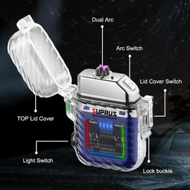 SUPRUS Luminous 3 Modes of Flashlight Windproof Waterproof Lighter Electric Rechargeable Dual Arc Plasma Lighter with Survival Emergency Whistle and Lanyard (Blue)