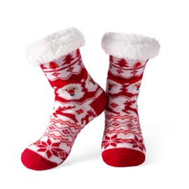 Giggling Getup Fuzzy Christmas Slipper Socks for Women, Red Santa Crew Socks for Home, Gifts for Women for Xmas