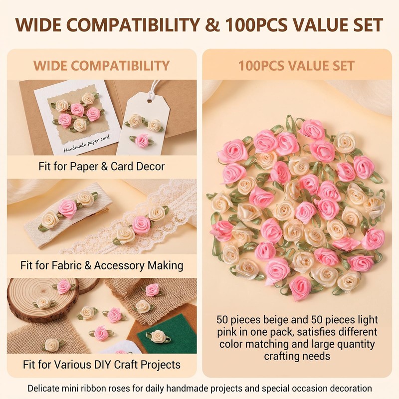 100 Pcs Mini Satin Ribbon Rose for Crafts