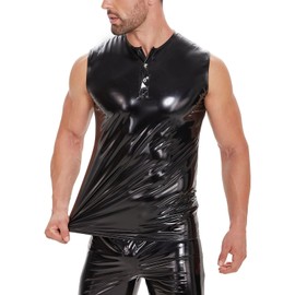 Men Wetlook Leather Tank Top, Glossy, Male Shiny Latex Casual Shirt Sleeveless, Red