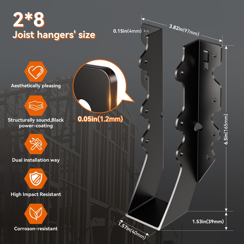 25 Pcs Black Joist Hangers 2x8, Rafter Brackets , Hurricane