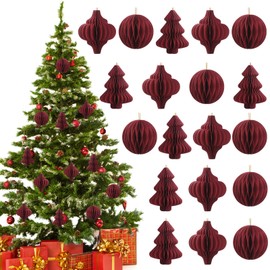15 Pcs Burgundy Christmas Tree Decorations 3D Mini Paper Honeycomb Lantern Hanging Ornaments for Christmas Tree Xmas Party New Years Home Decor