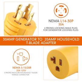 Flutesan Generator Adapter NEMA L14-30P to 5-15/5-20R, 30 Amp to 15/20 Amp Household Regular Inlet Connector, 30a 4 Prong Locking Generator Male Plug L14-30P to 5-15R 5-20R Female Cord