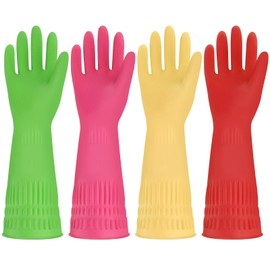 4 Colors Rubber Gloves,Washing Up Gloves Cotton Flocked Liner,Reusable Cleaning Gloves,Waterproof Kitchen Gloves for Laundry,Gardening,Non-Slip,Medium