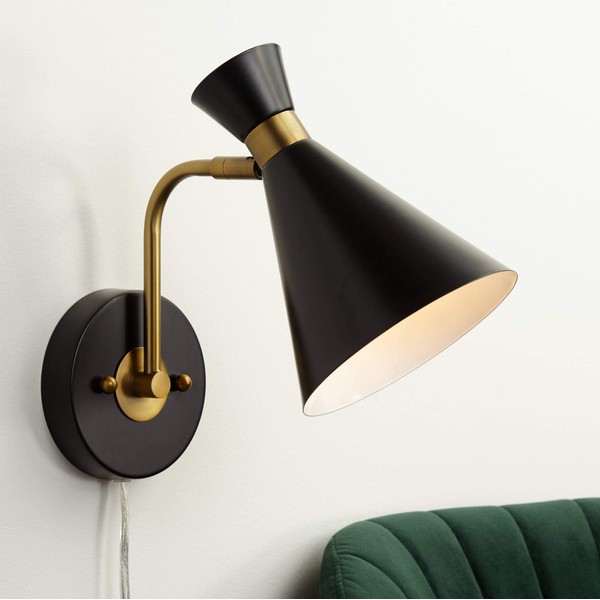 Venice Mid Century Modern Adjustable Wall Lamp Matte Black Antique Brass Plug-in Light Fixture Metal Cone Shade for Bedroom Bedside House Reading Living Room Home Hallway Dining - 360 Lighting
