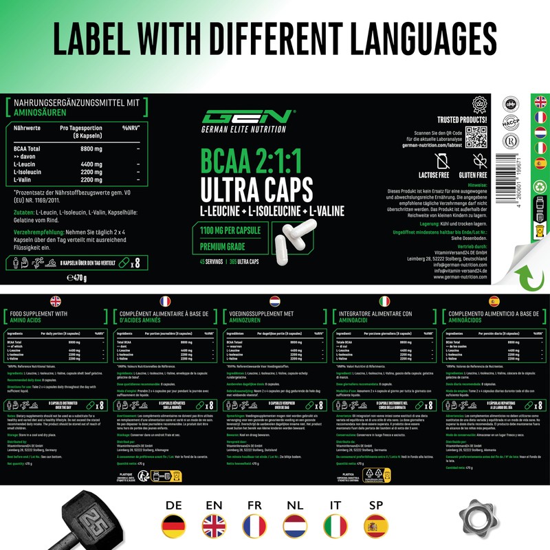 BCAA Ultra Caps - 365 Capsules with High Dose 1100