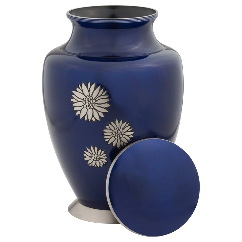 Flowers of Peace Cremation Urn for Ashes, Brass, Blue Urn,