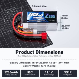 Zeee 3S 2200mAh Shorty Pack Lipo Battery 11.1V 50C Battery with Deans Plug for RC Car Truck Vehicles RC Boat RC Drone Airplane Quadcopter Helicopter FPV RC Hobby Models