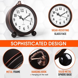 RODH Battery Alarm Clock,Night Light,Vintage Hangable Super Silent Non Ticking Analog Table Clock for Bedroom Bedside, Desk,Shelf