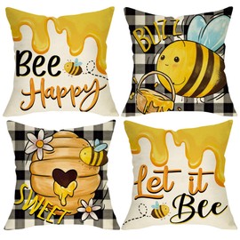 Fjfz Spring Summer Bumble Bee Happy Decorative Throw Pillow Covers 18 x 18 Set of 4, Let It Bee Honeycomb Buzz Porch Outdoor Home Decor, Sweet Honey Buffalo Plaid Farmhouse Couch Cushion Case