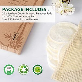 20 paquetes de almohadillas desmaquilladoras orgánicas reutilizables, discos de algodón de bambú lavables para todo tipo de piel con bolsa de lavander