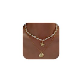Seashell Starfish Necklace for Women Conch Shell Summer Pearl Beach 14k Gold Layered Dainty Choker (3 Layered Necklace)
